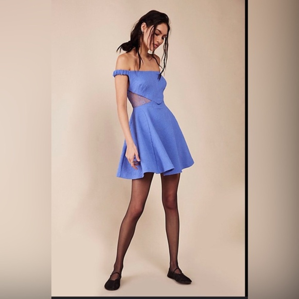 FREE PEOPLE blue Brooklyn lace skater a-line twirl Mini dress size large new